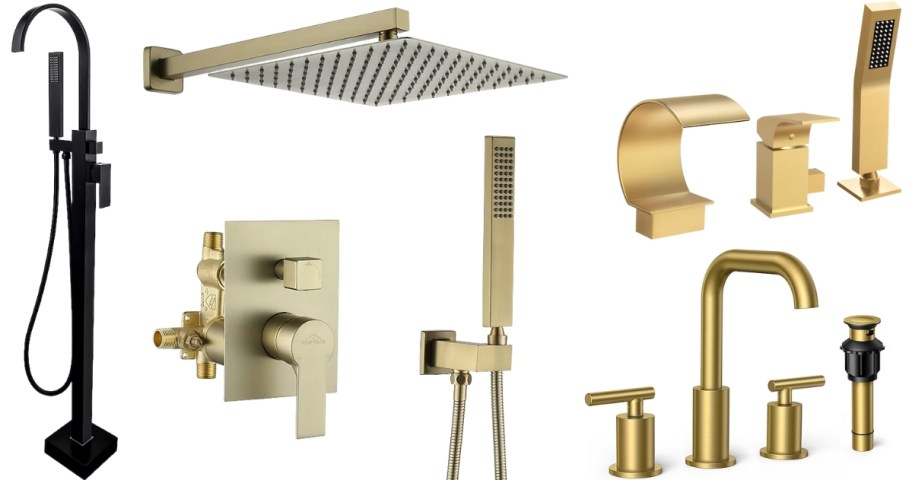 bath sink and shower fixtures in a range of metal finishes