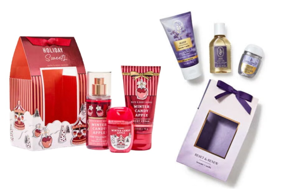 red and purple gift sets with lotions and sprays