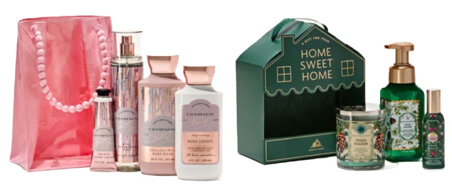 pink and green gift sets with lotions and sprays