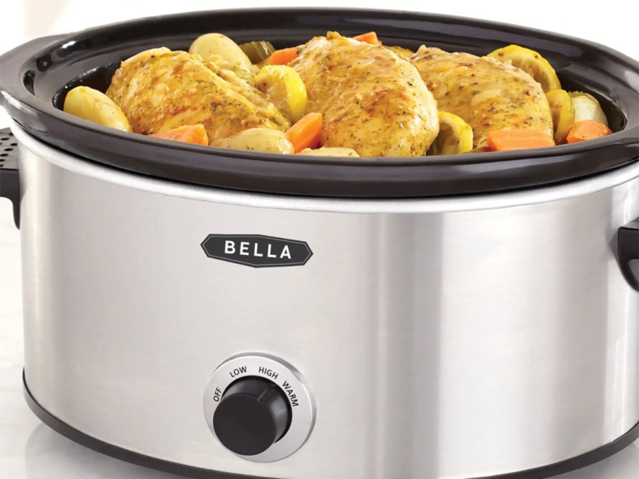 stainless steel slow cooker with chicken cooking