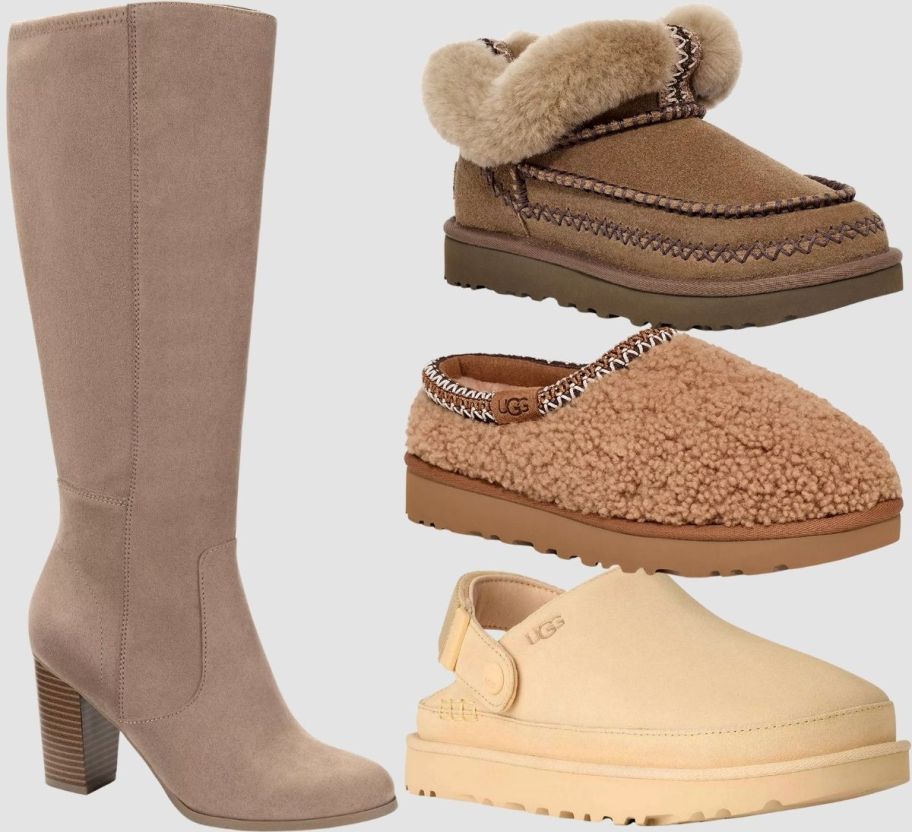 a tall boot and 3 pair of clogs