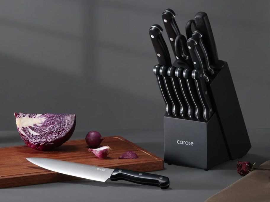 Carote 14-Piece Knife Set w/ Wood Block - Black on counter