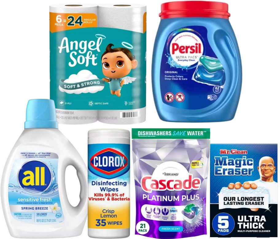 household essentials including toilet paper, laundry detergents, dishwasher pacs, and disinfecting wipes