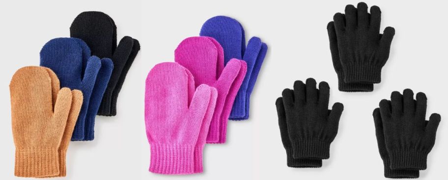 three 3-packs of kids mittens and gloves