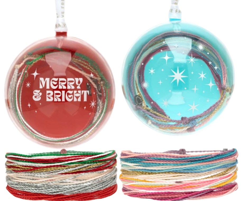 two christams ornaments with bracelet stacks inside