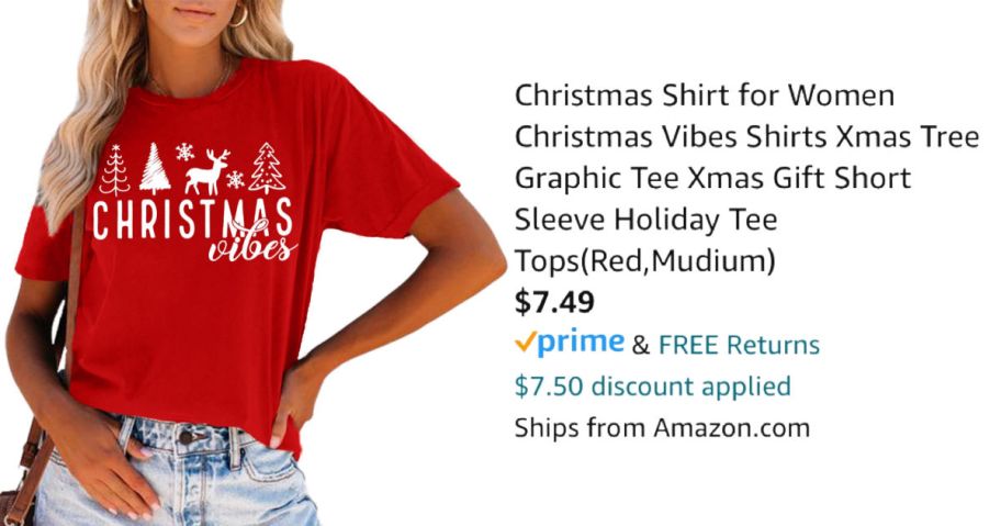 woman wearing red Christmas shirt next to Amazon pricing information