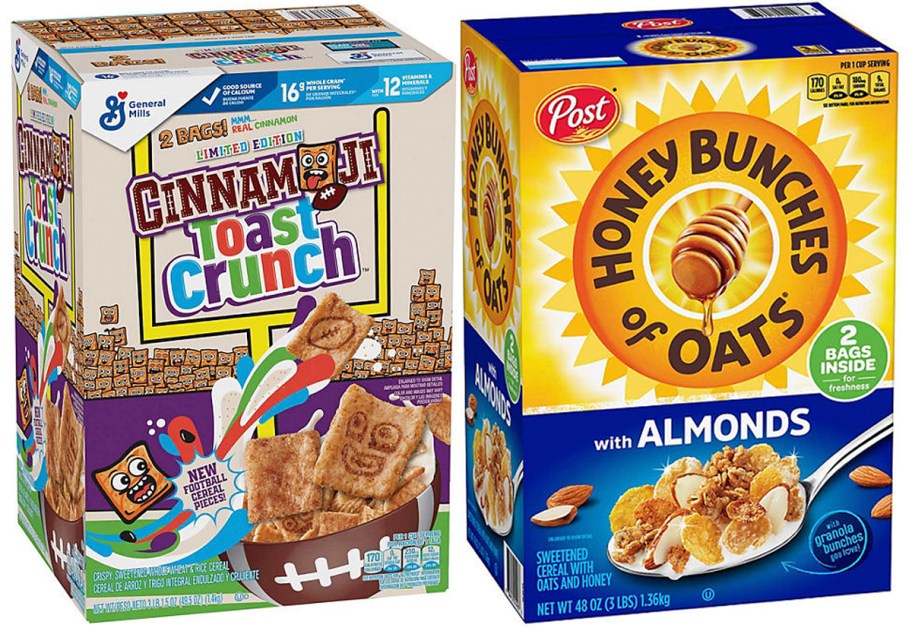 cinnamon toast crunch and honey bunches cereal boxes