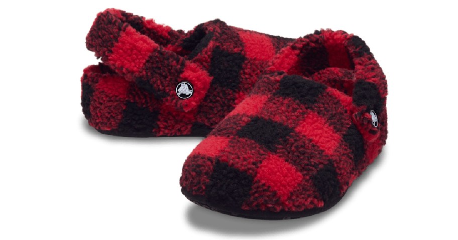 red and black crocs buffalo check slippers