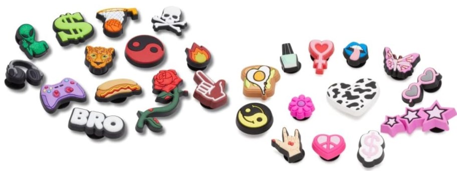 Crocs Jibbitz shoe charms packs - one is a set of boy type images like game controller, dollar sign, skull, headphones, and more, and the other set is a girl themed one with nail polish, butterfly, sunglasses, hearts, stars, and more