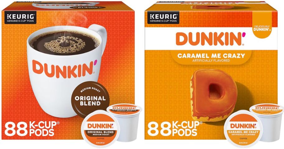 Dunkin original and dunkin camarel k-cup pods