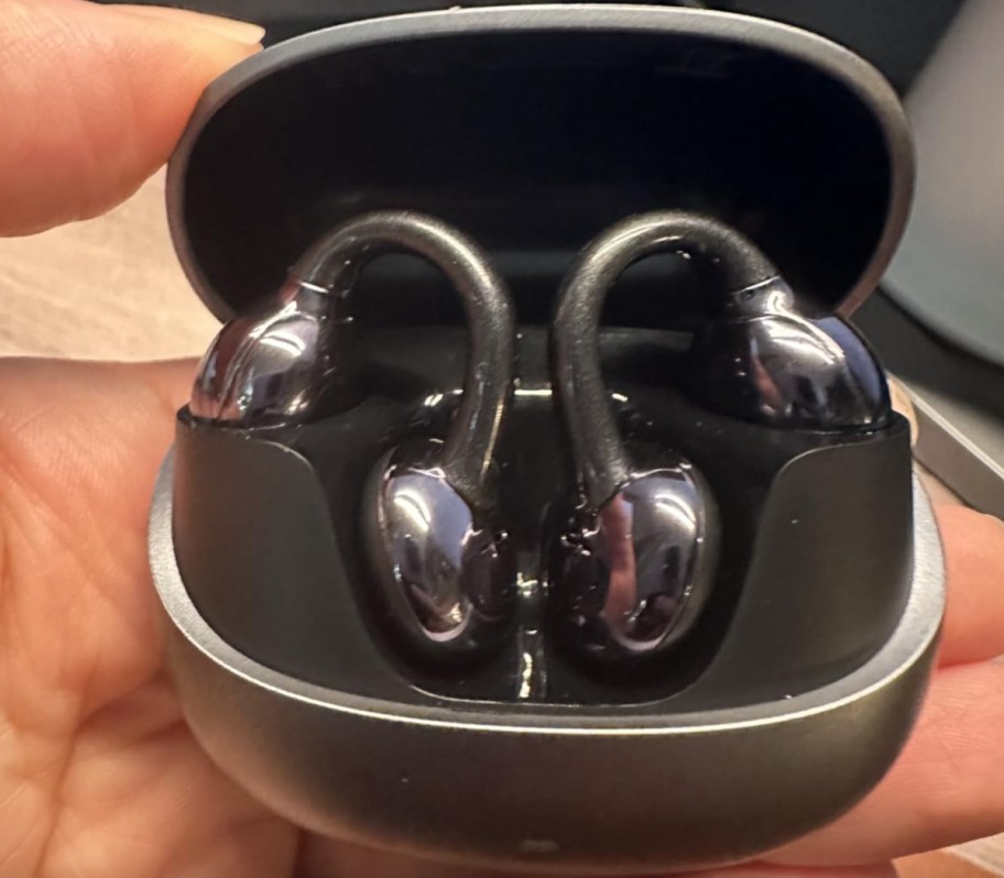 black clip on earbuds in case