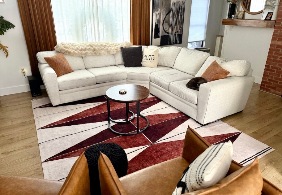 living room with bold geometric rug