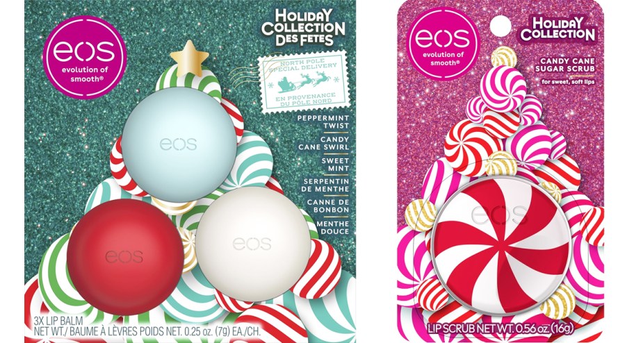 pack of eos holiday lip balms and a peppermint sugar scrub