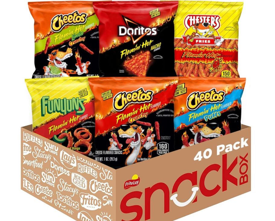 variety of flamin' hot snacks in cardboard box