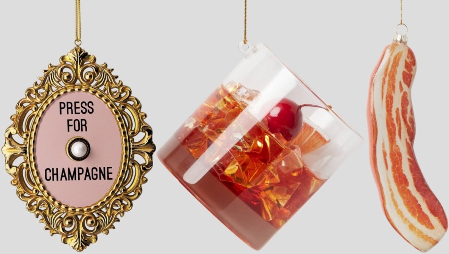 chanpagne button ornament, old fashioned cocktail ornament, and a slice of bacon ornament
