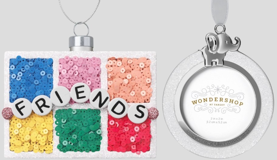 a bead tray friendship bracelet ornament and a round silver photo frame ornament