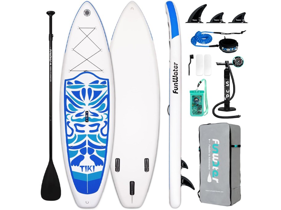 white and blue paddleboard with accessories