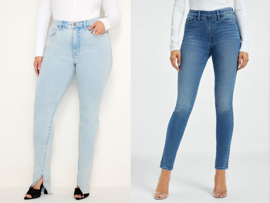 two women wearing blue jeans