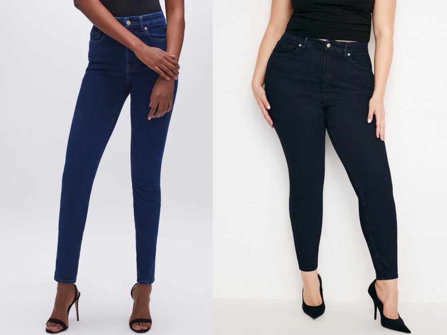 two women wearing blue and black jeans