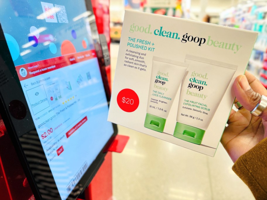 good clean goop beauty set being scanned a target store scanner to show the clearance price