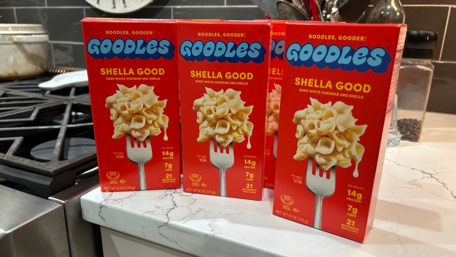 boxes of goodles shella good pasta on kitchen counter