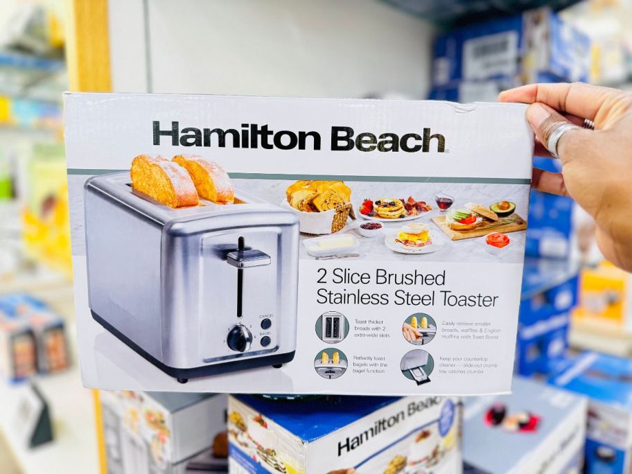 Hamilton Beach 2-Slice Brushed Stainless Steel Toaster box in hand in store