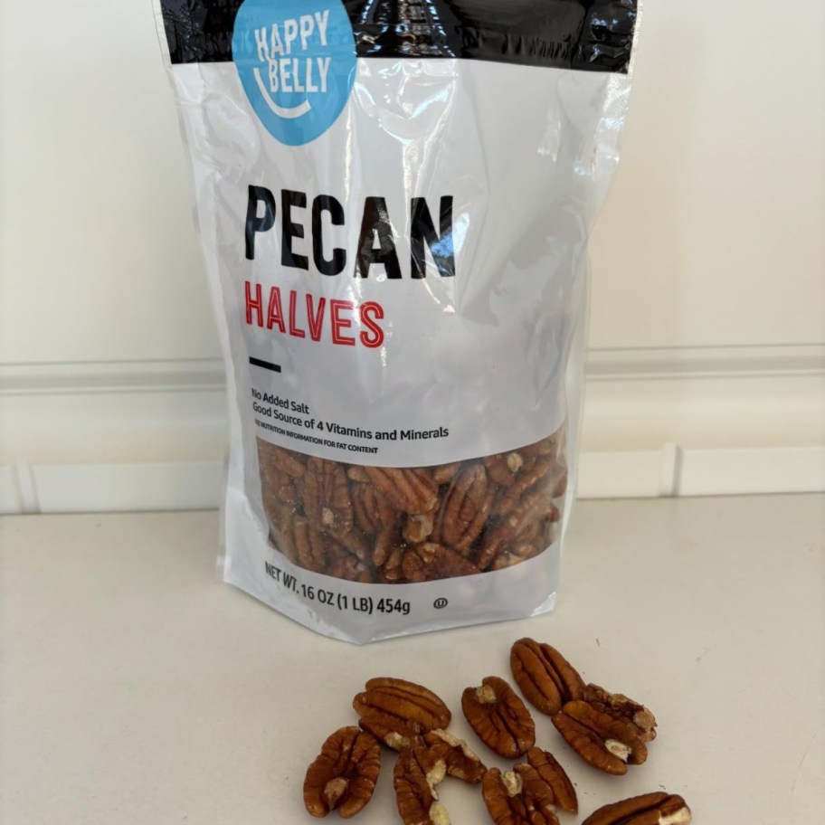 pecans on counter next to bag