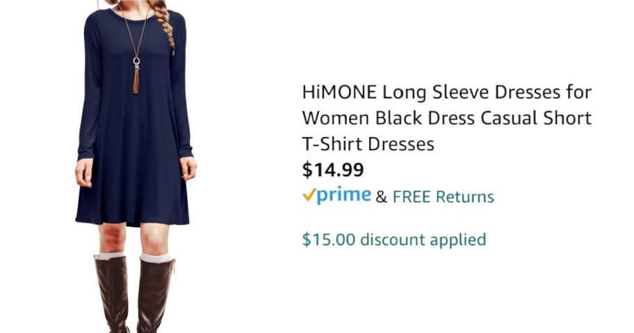 woman wearing blue dress next to Amazon pricing information