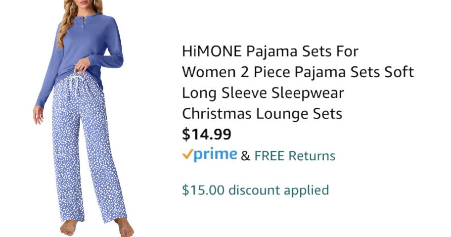 woman wearing blue pajamas next to Amazon pricing information