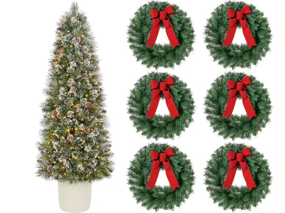 christmas tree and six wreaths