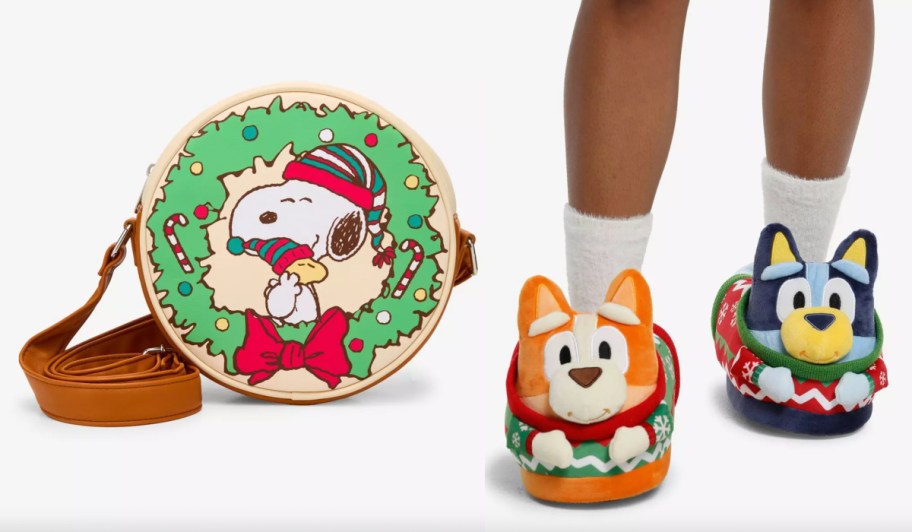 snoopy wreath purse and bingo and bluey slippers