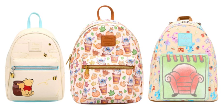 winnie the pooh, stitch coffee, and blues clues backpacks