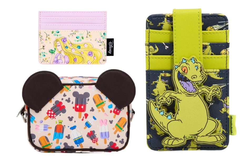 mickey treats bag, reptar wallet, and tangled wallet