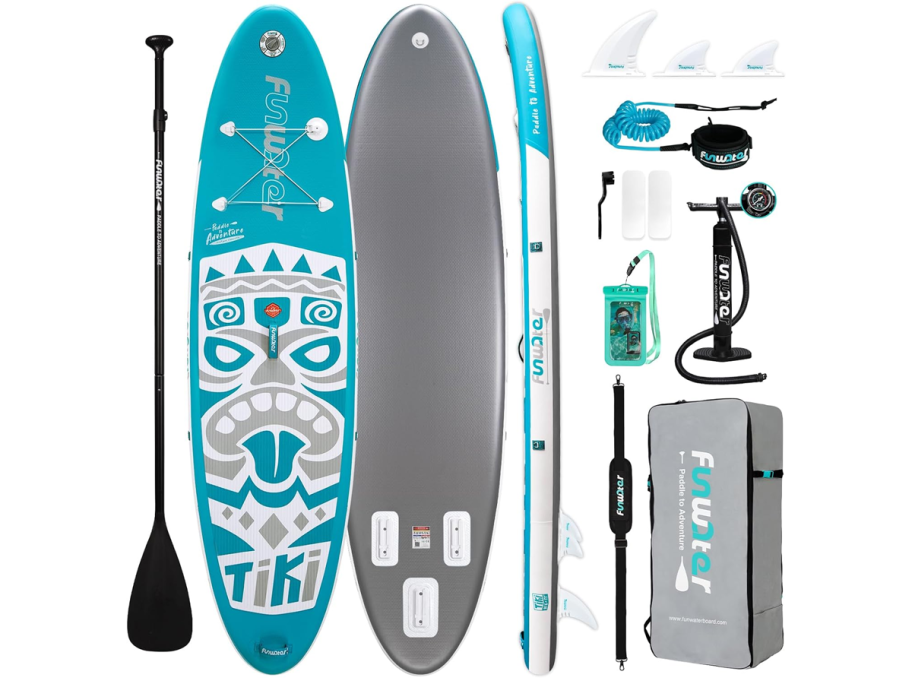 blue and grey inflatable PaddleBoard with accesories