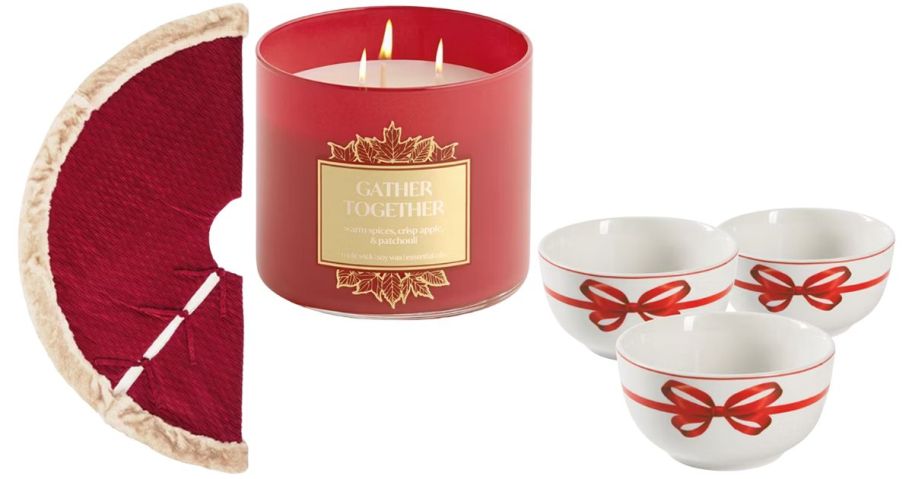 a tree skirt, candle, and christmas bowls