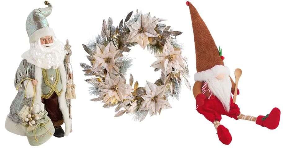 santa, wreath, and gnome christmas decor