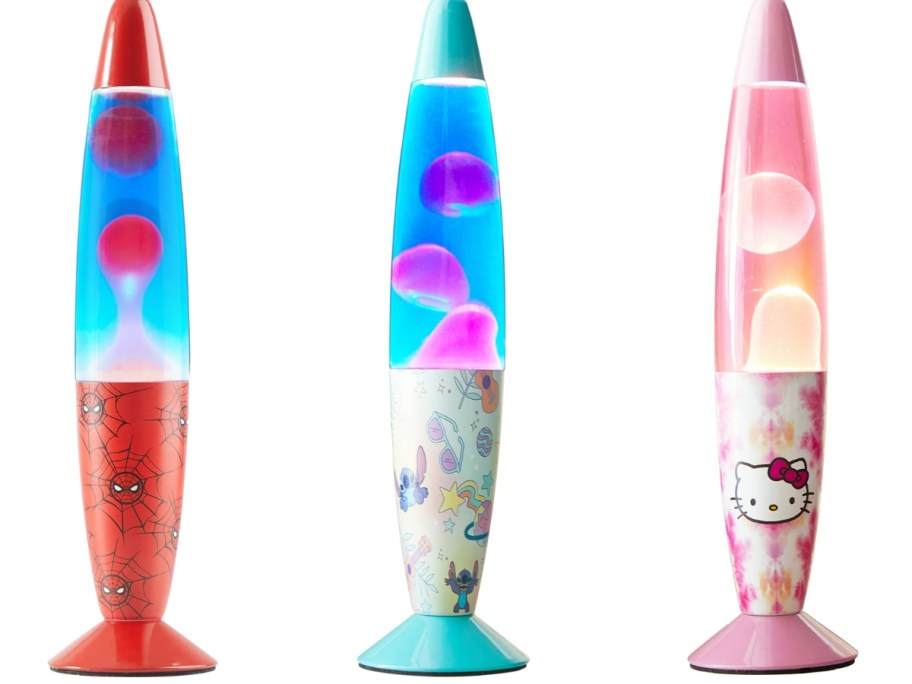 3 Lava Lamps, one red and blue with Spiderman graphics on the base, one blue, white, purple, and pink with Disney Stitch graphics on the base, and one pink and white with Hello Kitty graphics on the base