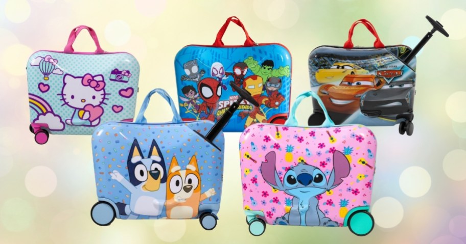 collage of kids ride on luggage suitcases