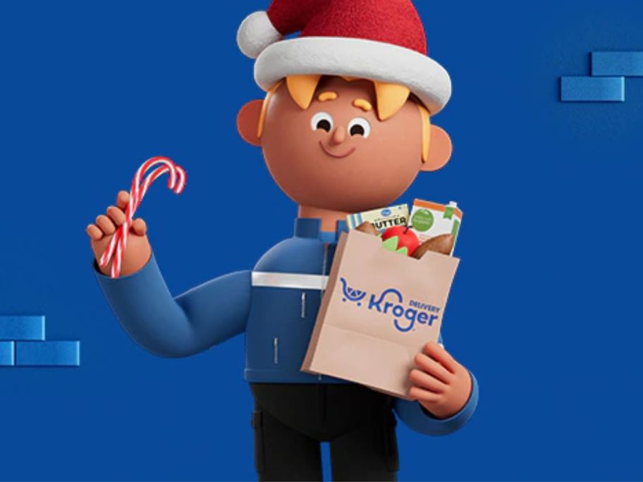 kroger holiday character holding kroger bag