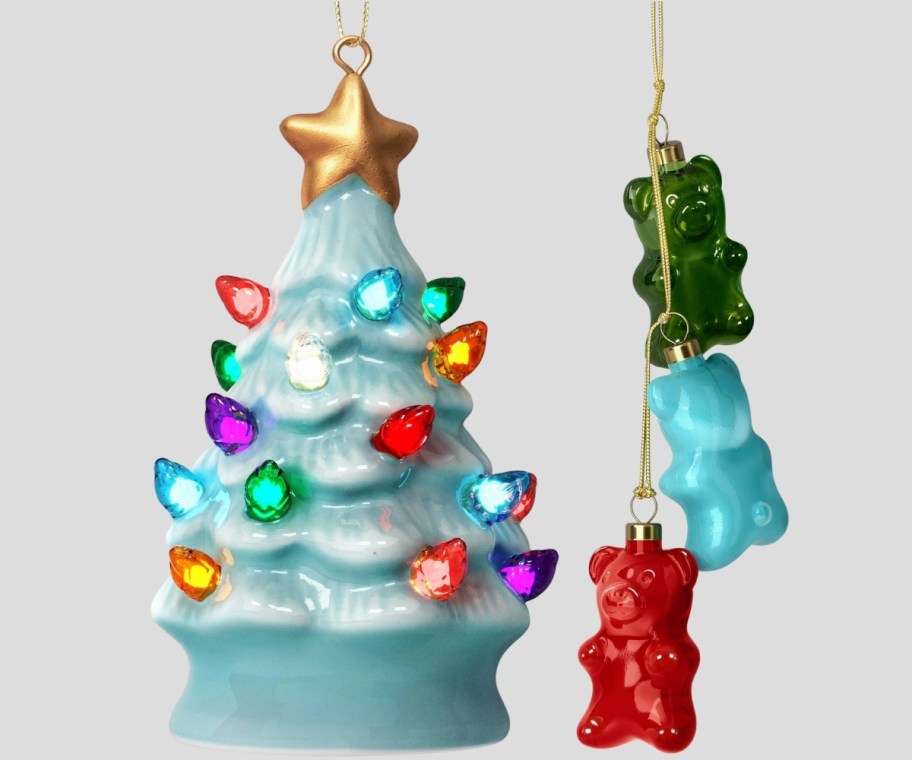 a mini lit tree ornament, and 3 gummy bear ornaments
