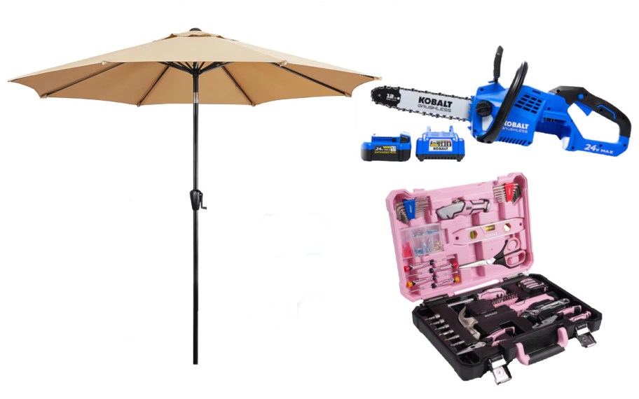 umbrella, pink tool case and blue saw