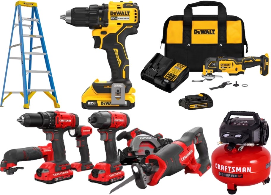 a step ladder shown with power tools and tools sets