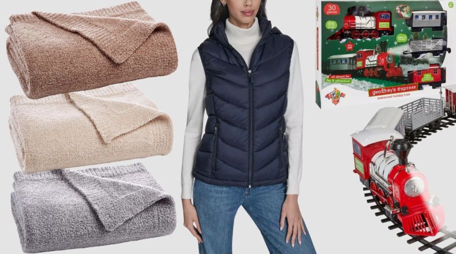 a woman in a. puffer vest, 3 throw blankets and a toy train set