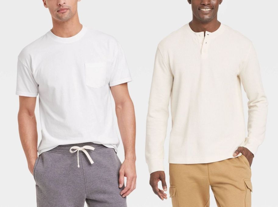 a male model wearing a short sleeve tshirt and one wearing a long sleeve henley tee