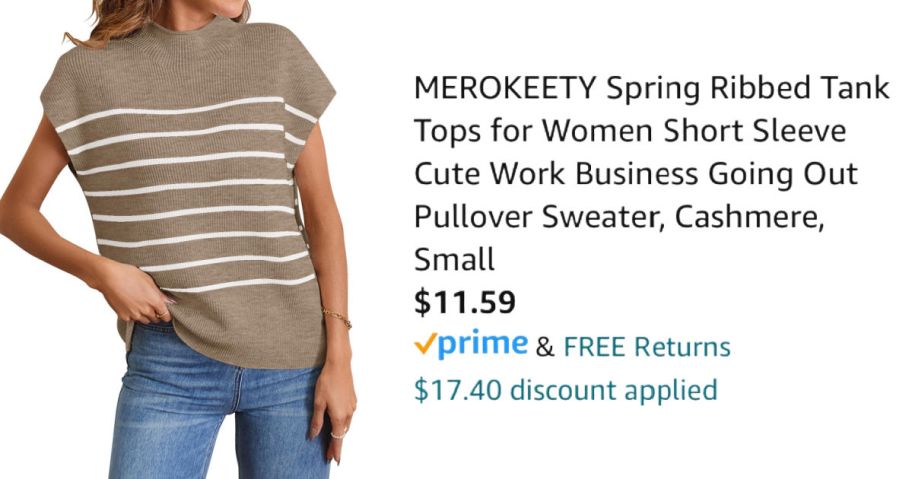 woman wearing tan striped sweater next to Amazon pricing information