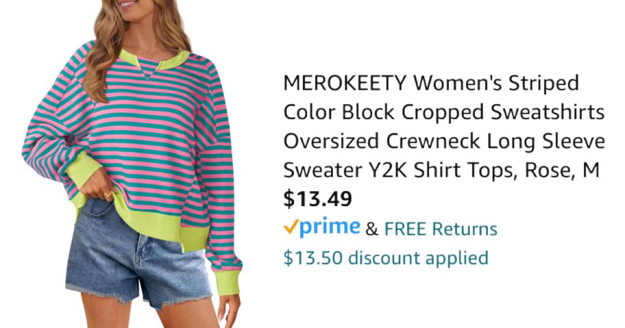 woman wearing striped sweatshirt next to Amazon pricing information