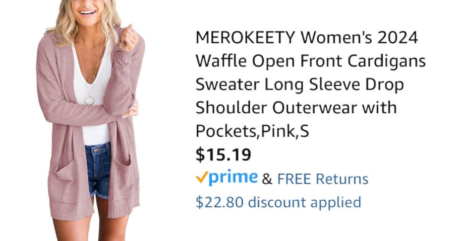 A woman wearing a pink cardigan next to Amazon price information