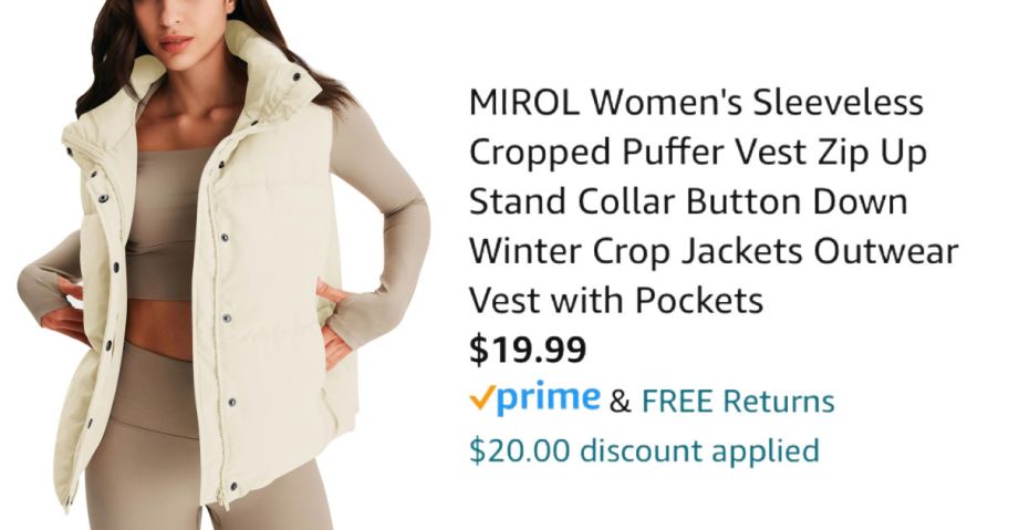 woman wearing white vest next to Amazon pricing information