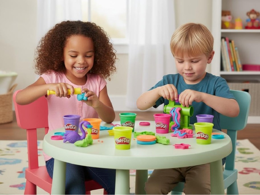 Two kids playing with a Play Doh set on a table.