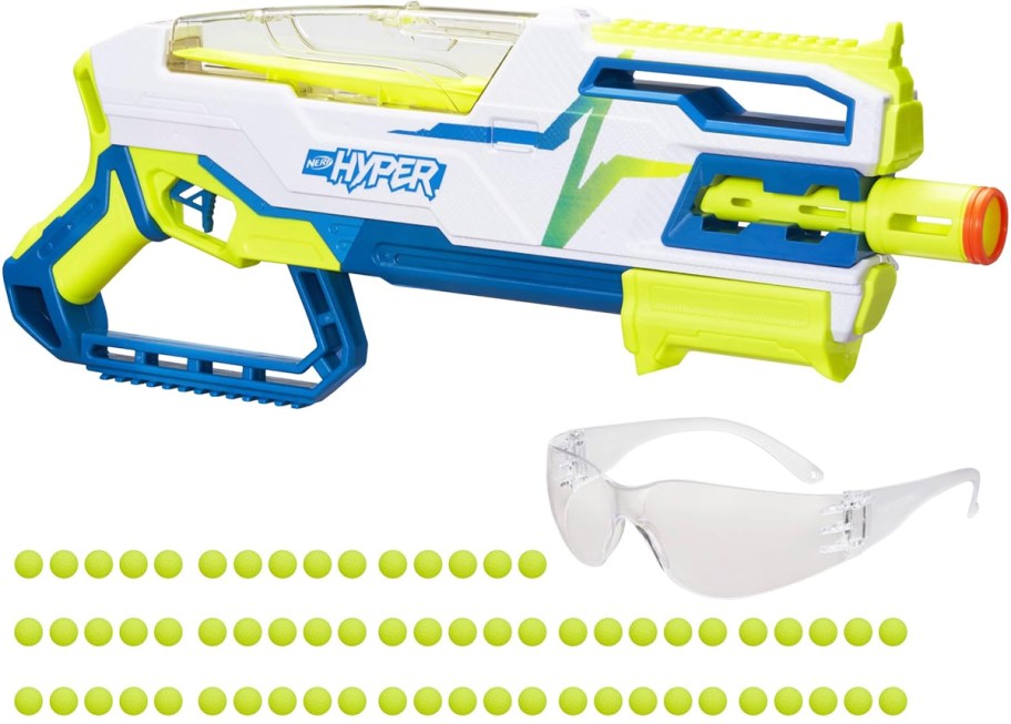 white and blue nerf gun with ammo and glasses 